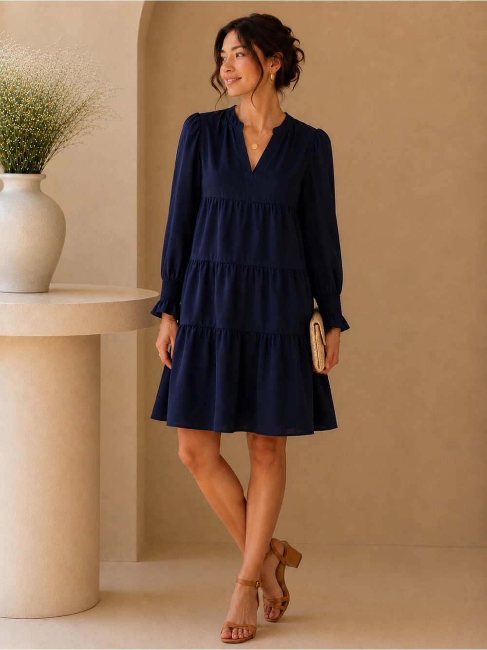 Pomander Place Navy Blue Tiered Flowy Dress XL Long Smocked Cuff Sleeve Sleeve